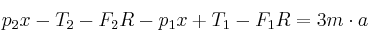 p_2x - T_2 - F_2R - p_1x + T_1 - F_1R = 3m\cdot a