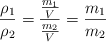 \frac{\rho_1}{\rho_2}  = \frac{\frac{m_1}{V}}{\frac{m_2}{V}} = \frac{m_1}{m_2}
