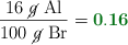 \frac{16\ \cancel{g}\ \ce{Al}}{100\ \cancel{g}\ \ce{Br}} = \color[RGB]{2,112,20}{\bf 0.16}