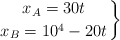 \left x_A = 30t \atop x_B = 10^4 - 20t \right \}