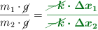 \frac{m_1\cdot \cancel{g}}{m_2\cdot \cancel{g}} = \color[RGB]{2,112,20}{\bm{\frac{\cancel{- k}\cdot \Delta x_1}{\cancel{- k}\cdot \Delta x_2}}}