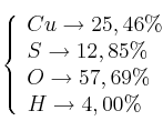 \left\{ 
\begin{array}{l}
  Cu \to 25,46\%  \\ 
  S \to 12,85\%  \\ 
  O \to 57,69\%  \\
  H \to 4,00\%
\end{array}  
\right