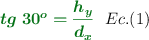 {\color[RGB]{2,112,20}{\bm{tg\ 30^o = {\frac{h_y}{d_x}}}}}\ \ Ec.(1)