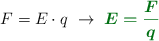 F = E\cdot q\ \to\ \color[RGB]{2,112,20}{\bm{E = \frac{F}{q}}}