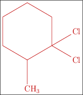 \fbox{\color[RGB]{192,0,0}{\bf \chemfig{*6(-(-CH_3)-(-[:30]Cl)(-[:-30]Cl)----)}}}