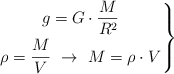 \left g = G\cdot \dfrac{M}{R^2} \atop \rho = \dfrac{M}{V}\ \to\ M = \rho\cdot V \right \}