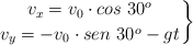\left v_x = v_0\cdot cos\ 30^o \atop v_y = -v_0\cdot sen\ 30^o - gt \right \}