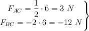 \left F_{AC} = \dfrac{1}{2}\cdot 6 = 3\ N \atop F_{BC} = -2\cdot 6 = -12\ N \right \}