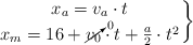 \left x_a = v_a\cdot t \atop x_m = 16 + \cancelto{0}{v_0}\cdot t + \frac{a}{2}\cdot t^2 \right \}