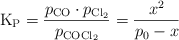 \ce{K_P} = \frac{p_{\ce{CO}}\cdot p_{\ce{Cl2}}}{p_{\ce{COCl2}}} = \frac{x^2}{p_0 - x}