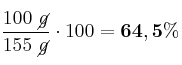 \frac{100\ \cancel{g}}{155\ \cancel{g}}\cdot 100 = \bf 64,5\%