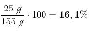 \frac{25\ \cancel{g}}{155\ \cancel{g}}\cdot 100 = \bf 16,1\%