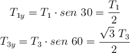 \left T_{1y} = T_1\cdot sen\ 30 = \dfrac{T_1}{2} \atop T_{3y} = T_3\cdot sen\ 60 = \dfrac{\sqrt 3\ T_3}{2} \right