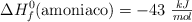 \Delta H_f^0 (\text{amoniaco}) = -43\ \textstyle{kJ\over mol}