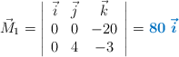 \vec M_1 = \left| \begin{array}{ccc} \vec i & \vec j & \vec k\\ 0 & 0 & -20\\ 0 & 4 & -3 \end{array} \right| = \color[RGB]{0,112,192}{\bm{80\ \vec i}}