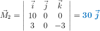 \vec M_2 = \left| \begin{array}{ccc} \vec i & \vec j & \vec k\\ 10 & 0 & 0\\ 3 & 0 & -3 \end{array} \right| = \color[RGB]{0,112,192}{\bm{30\ \vec j}}