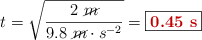 t = \sqrt{\frac{2\ \cancel{m}}{9.8\ \cancel{m}\cdot s^{-2}}} = \fbox{\color[RGB]{192,0,0}{\bf 0.45\ s}}