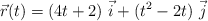 \vec r(t) = (4t + 2)\ \vec i + (t^2 - 2t)\ \vec j
