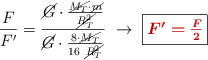 \frac{F}{F^{\prime}} = \frac{\cancel{G}\cdot \frac{\cancel{M_T}\cdot \cancel{m}}{\cancel{R_T^2}}}{\cancel{G}\cdot \frac{8\cdot \cancel{M_T}}{16\ \cancel{R_T^2}}}\ \to\ \fbox{\color[RGB]{192,0,0}{\bm{F^{\prime} = \frac{F}{2}}}}