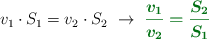 v_1\cdot S_1 = v_2\cdot S_2\ \to\ \color[RGB]{2,112,20}{\bm{\frac{v_1}{v_2} = \frac{S_2}{S_1}}}