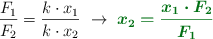 \frac{F_1}{F_2} = \frac{k\cdot x_1}{k\cdot x_2}\ \to\ \color[RGB]{2,112,20}{\bm{x_2 = \frac{x_1\cdot F_2}{F_1}}}