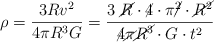 \rho = \frac{3Rv^2}{4\pi R^3G} = \frac{3\ \cancel{R}\cdot \cancel{4}\cdot \pi\cancel{^2}\cdot \cancel{R^2}}{\cancel{4} \cancel{\pi} \cancel{R^3}\cdot G\cdot t^2}
