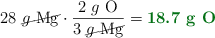 28\ \cancel{g\ \ce{Mg}}\cdot \frac{2\ g\ \ce{O}}{3\ \cancel{g\ \ce{Mg}}} = \color[RGB]{2,112,20}{\textbf{18.7\ g\ \ce{O}}}