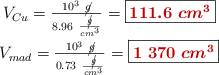 \left V_{Cu} = \frac{10^3\ \cancel{g}}{8.96\ \frac{\cancel{g}}{cm^3}} = {\fbox{\color[RGB]{192,0,0}{\bm{111.6\ cm^3}}}} \atop V_{mad} = \frac{10^3\ \cancel{g}}{0.73\ \frac{\cancel{g}}{cm^3}} = {\fbox{\color[RGB]{192,0,0}{\bm{1\ 370\ cm^3}}}