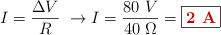 I = \frac{\Delta V}{R}\ \to I = \frac{80\ V}{40\ \Omega} = \fbox{\color[RGB]{192,0,0}{\bf 2\ A}}
