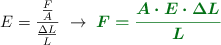 E = \frac{\frac{F}{A}}{\frac{\Delta L}{L}}\ \to\ \color[RGB]{2,112,20}{\bm{F = \frac{A\cdot E\cdot \Delta L}{L}}}