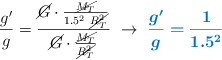 \frac{g^{\prime}}{g} = \frac{\cancel{G}\cdot \frac{\cancel{M_T}}{1.5^2\ \cancel{R_T^2}}}{\cancel{G}\cdot \frac{\cancel{M_T}}{\cancel{R_T^2}}}\ \to\ \color[RGB]{0,112,192}{\bm{\frac{g^{\prime}}{g} = \frac{1}{1.5^2}}}