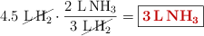4.5\ \cancel{\ce{L H2}}\cdot \frac{2\ \ce{L NH3}}{3\ \cancel{\ce{L H2}}} = \fbox{\color[RGB]{192,0,0}{\bf{\ce{3 L NH3}}}}