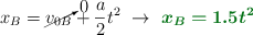 x_B = \cancelto{0}{v_{0B}} + \frac{a}{2}t^2\ \to\ \color[RGB]{2,112,20}{\bm{x_B = 1.5t^2}}