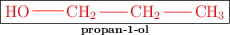 \fbox{\color{red}{\chemfig{HO-CH_2-CH_2-CH_3}}}\atop \text{\bf propan-1-ol}