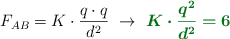 F_{AB} = K\cdot \frac{q\cdot q}{d^2}\ \to\ \color[RGB]{2,112,20}{\bm{K\cdot \frac{q^2}{d^2} = 6}}