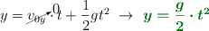 y = \cancelto{0}{v_{0y}}\cdot t + \frac{1}{2}gt^2\ \to\ \color[RGB]{2,112,20}{\bm{y = \frac{g}{2}\cdot t^2}}