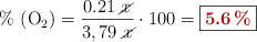 \%\ (\ce{O2}) = \frac{0.21\ \cancel x}{3,79\ \cancel x}\cdot 100 = \fbox{\color[RGB]{192,0,0}{\bf 5.6\%}}