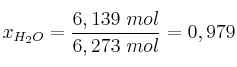 x_{H_2O} = \frac{6,139\ mol}{6,273\ mol}=0,979