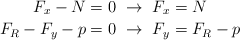 \left F_x - N = 0\ \to\ F_x = N \atop F_R - F_y - p = 0\ \to\ F_y = F_R - p