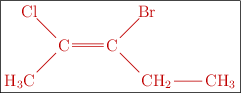 \fbox{\color[RGB]{192,0,0}{\chemfig{H_3C-[:45]C(-[:135]Cl)=C(-[:45]Br)-[:-45]CH_2-CH_3}}}