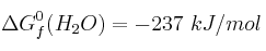 \Delta G^0_f(H_2O) = -237\ kJ/mol