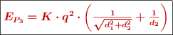 \fbox{\color[RGB]{192,0,0}{\bm{E_{P_3} = K\cdot q^2\cdot \left(\frac{1}{\sqrt{d_1^2 + d_2^2}} + \frac{1}{d_2}\right)}}}