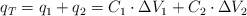 q_T = q_1 + q_2 = C_1\cdot \Delta V_1 + C_2\cdot \Delta V_2