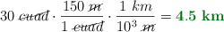 30\ \cancel{cuad}\cdot \frac{150\ \cancel{m}}{1\ \cancel{cuad}}\cdot \frac{1\ km}{10^3\ \cancel{m}} = \color[RGB]{2,112,20}{\bf 4.5\ km}