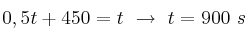 0,5t + 450 = t\ \to\ t = 900\ s