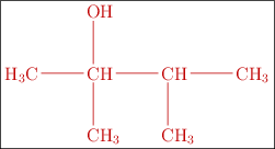 \fbox{\color[RGB]{192,0,0}{\bf{\chemfig{H_3C-CH(-[2]OH)(-[6]CH_3)-CH(-[6]CH_3)-CH_3}}}}