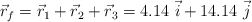 \vec r_f = \vec r_1 + \vec r_2 + \vec r_3 = 4.14\ \vec i + 14.14\ \vec j