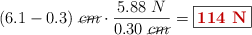 (6.1 - 0.3)\ \cancel{cm}\cdot \frac{5.88\ N}{0.30\ \cancel{cm}} = \fbox{\color[RGB]{192,0,0}{\bf 114\ N}}