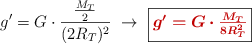 g^{\prime} = G\cdot \frac{\frac{M_T}{2}}{(2R_T)^2}}\ \to\ \fbox{\color[RGB]{192,0,0}{\bm{g^{\prime} = G\cdot \frac{M_T}{8R_T^2}}}}