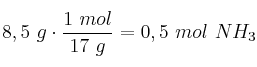 8,5\ g\cdot \frac{1\ mol}{17\ g} = 0,5\ mol\ NH_3